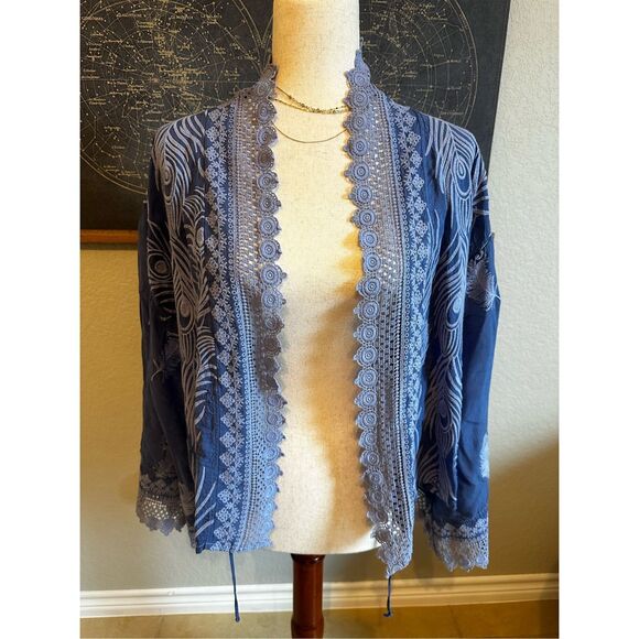 Johnny Was Sweaters - Johnny Was Embroidered Feather Blue Cupra Rayon Lace Trim Cardigan Women Size M